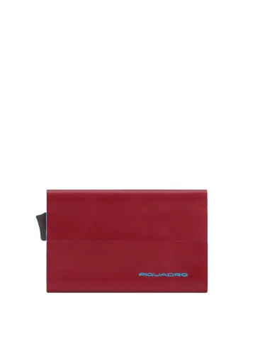 Credit card holder with sliding extraction and flap back pocket Blue Square red