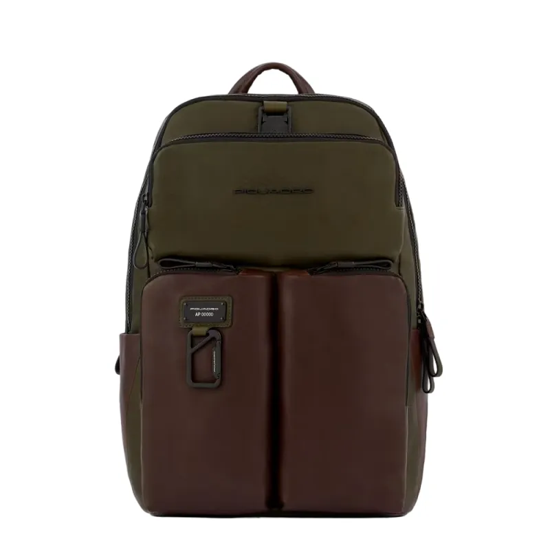 Piquadro Harper Backpack with laptop sleeve, anti-fraud protections and  rain cover, green-dark brown
