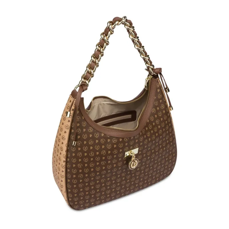 Borsa donna con tracolla in catena Pollini Heritage, Marrone-Crema