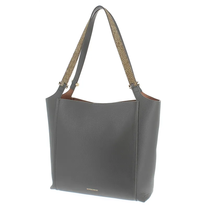 Borbonese leather shopping bag with removable clutch grey