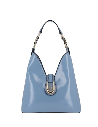 Pollini shiny women's shoulder bag with magnet closure, light blue