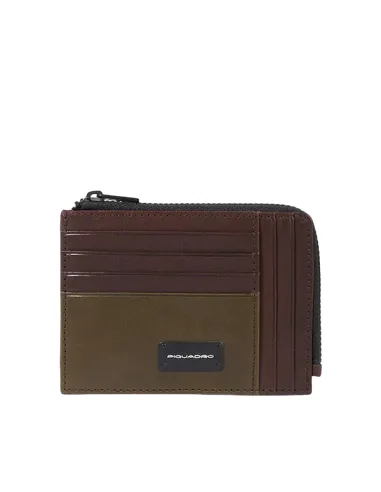 Zipped coin pouch with document and credit card compartments, green-brown