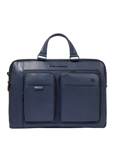 Piquadro Liko Laptoptasche mit zwei Fächern aus Leder und Stoff, blau