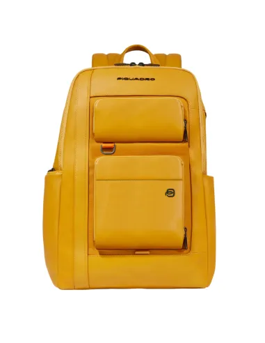 Piquadro Liko 15.6 PC backpack in leather and fabric, yellow