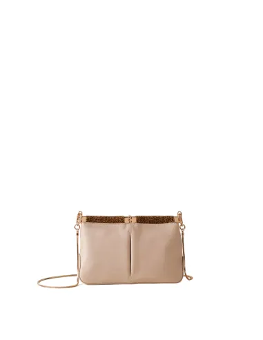 Leder-Clutch-Tasche mit Kettenriemen Borbonese, beige