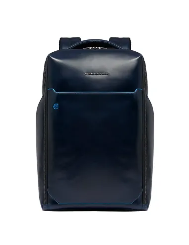 Piquadro Blue Square leather backpack with 15.6 computer compartment, blue