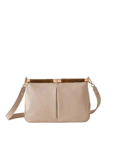 Borbonese medium-sized leather women's shoulder bag, beige