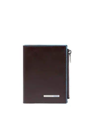 Piquadro Blue Square vertical men's wallet with zipped side pocket, dark brown