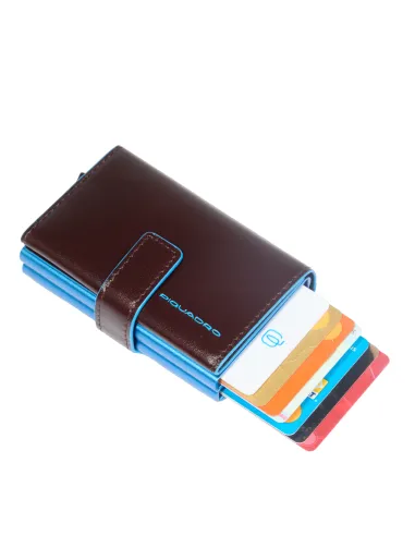 Piquadro Blue Square compact wallet for credit cards with sliding system, dark brown