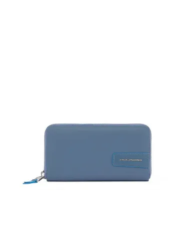 Piquadro Zip-around women's wallet in recycled fabric light blue